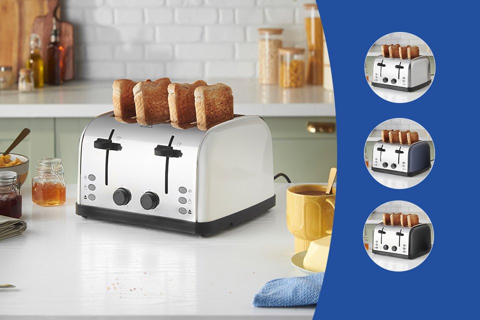 A stainless steel Russell Hobbs Worcester toaster on a kitchen countertop with other things.
